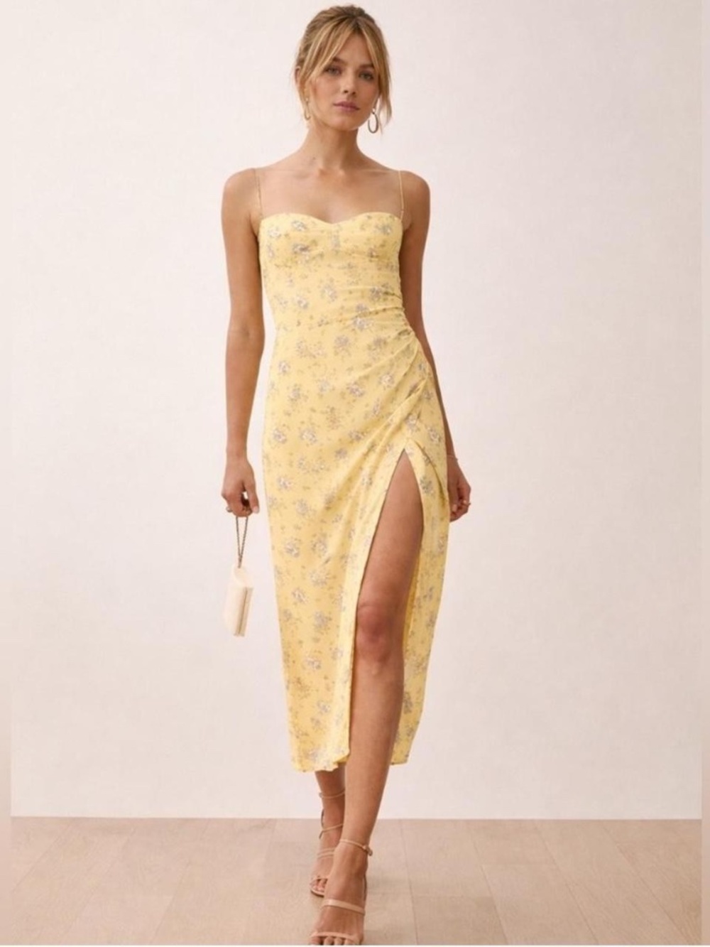 REFORMATION KOURTNEY DRESS IN YELLOW & BLUE FLORAL PRINT (FELICITY PRINT)
